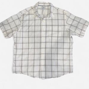 White Checkered Short Sleeve Button Down Linen and Cotton Blend Shirt